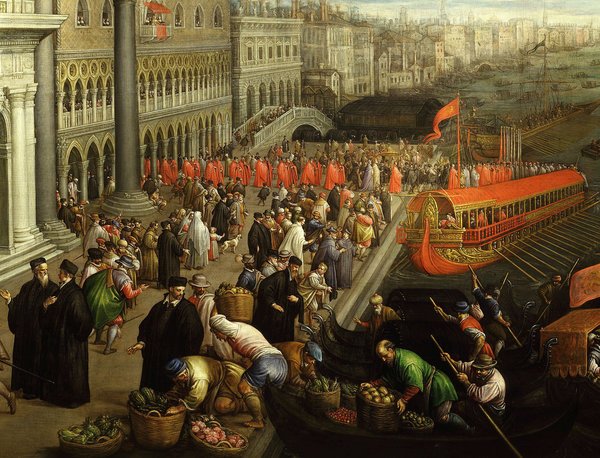 A-painting-of-17th-century-Venice-with-a-view-of-the-banks-of-the-Grand-Canal-and-the-Doge’s-Palace-by-Leandro-Bassano.